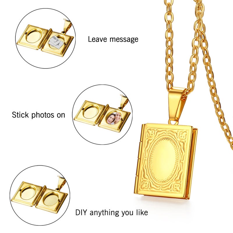 OIDEA Locket Necklace for Women Men: Stainless Steel Vintage Religious Bible Book Photo Locket Necklaces that Holds Pictures Jewelry Gifts Chain 22 Inch Gold - Image 2